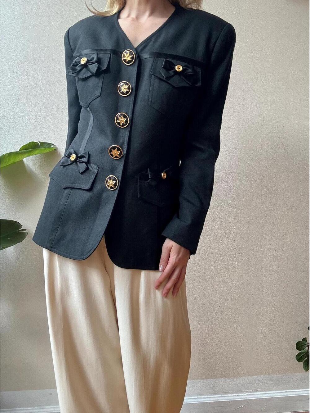 Vintage 1990s Black Woven Cotton Embellished Blazer